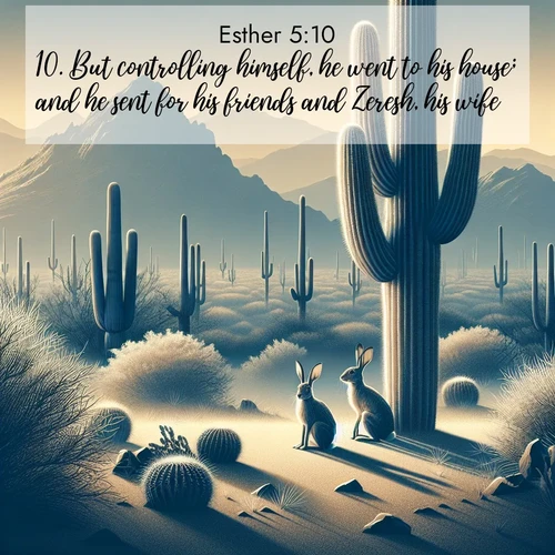 BasicEnglish Esther  ; image nature: image with the bible verse :But controlling himself, he went to his house; and he sent for his friends and Zeresh, his wife. ; Explore a spring collection of Bible images, with landscapes of green hills, wildflowers, and crystal-clear streams. These images symbolize the blossoming of God&#039;s creation. Download verses like KJV Esther 5:10. Current verse is overlayed with the thematic nature scene : Desert jackrabbits pause in saguaro shade. Heat waves distort distant peaks. ; 5:10