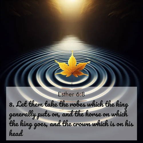 BBE Esther 6:8 overlaying nature image scene: A single maple leaf floats on black water. Concentric ripples spread outward into infinity.;8. Let them take the robes which the king generally puts on, and the horse on which the king goes, and the crown which is on his head: