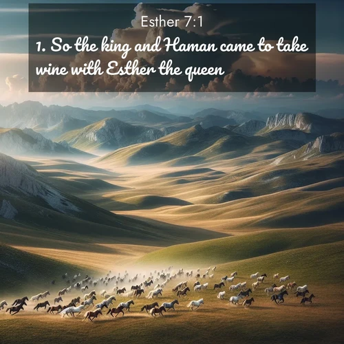 BasicEnglish Esther  ; image nature: image with the bible verse :So the king and Haman came to take wine with Esther the queen. ; Browse an inspiring gallery of Bible verse images with nature photos, such as blooming gardens, golden deserts, and shaded forests. The chosen images capture the peaceful and joyful essence of God&#039;s creation, with vibrant colors and harmonious fonts. Share verses like KJV Esther 7:1. Current verse is overlayed with the thematic nature scene : Wild horses gallop across a high mountain plateau. Storm clouds gather ominously on the horizon. ; 7:1