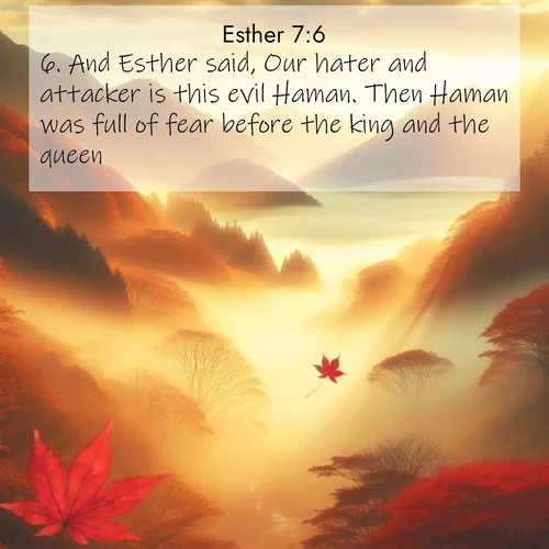 BasicEnglish Esther  ; image nature: image with the bible verse :And Esther said, Our hater and attacker is this evil Haman. Then Haman was full of fear before the king and the queen. ; Explore Bible verse images highlighting the beauty of spring, with vibrant flowers, butterflies, and blossoming fruit trees. These scenes evoke divine hope and renewal. Download inspiring verses like KJV Esther 7:6. Current verse is overlayed with the thematic nature scene : Autumn fog fills a mountain valley. A red maple leaf drifts through golden light. ; 7:6