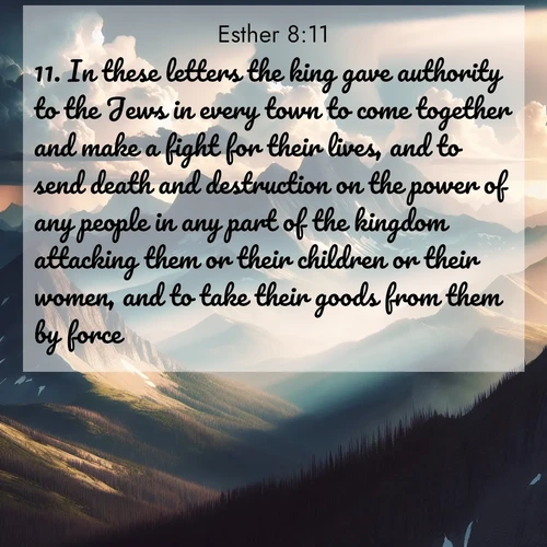 BasicEnglish Esther  ; image nature: image with the bible verse :In these letters the king gave authority to the Jews in every town to come together and make a fight for their lives, and to send death and destruction on the power of any people in any part of the kingdom attacking them or their children or their women, and to take their goods from them by force, ; Browse our collection of Bible verses paired with captivating photos of God’s creation, like crystal-clear lakes, majestic cliffs, and colorful skies. All images are free for download and sharing. Verse examples include KJV Esther 8:11. Current verse is overlayed with the thematic nature scene : Summer storms build over mountain peaks at midday. ; 8:11