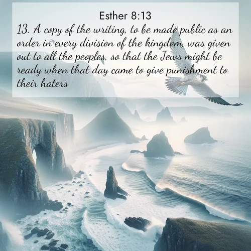 BasicEnglish Esther  ; image nature: image with the bible verse :A copy of the writing, to be made public as an order in every division of the kingdom, was given out to all the peoples, so that the Jews might be ready when that day came to give punishment to their haters. ; Discover breathtaking Bible verse images combined with vibrant landscapes like rolling hills, blooming gardens, and starry nights. Use them as wallpapers or to inspire others. Download verses like KJV Esther 8:13. Current verse is overlayed with the thematic nature scene : A peregrine falcon rides thermal currents above coastal cliffs. Waves crash endlessly against the rocks below. ; 8:13