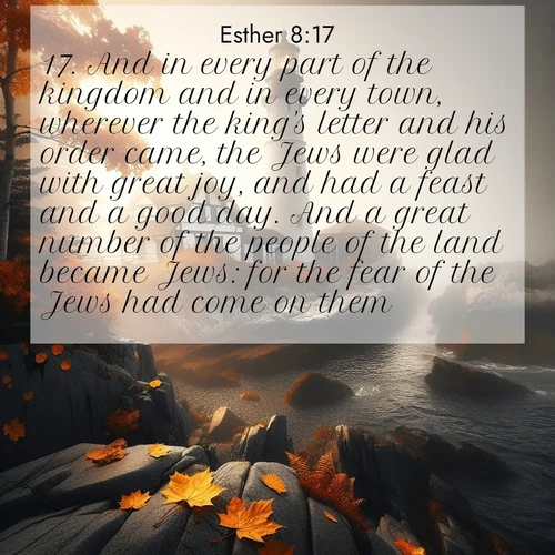 BasicEnglish Esther  ; image nature: image with the bible verse :And in every part of the kingdom and in every town, wherever the king&#039;s letter and his order came, the Jews were glad with great joy, and had a feast and a good day. And a great number of the people of the land became Jews: for the fear of the Jews had come on them. ; Admire Bible images evoking autumn, with warm colors of fallen leaves, harvested fields, and tranquil woods. These inspiring landscapes reflect the transition and beauty of God&#039;s creation. Download verses like KJV Esther 8:17. Current verse is overlayed with the thematic nature scene : Autumn fog shrouds a lighthouse on rocky shores. ; 8:17