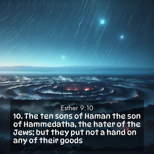 BasicEnglish Esther  ; image nature: image with the bible verse :The ten sons of Haman the son of Hammedatha, the hater of the Jews; but they put not a hand on any of their goods. ; Download Bible verse images featuring vibrant photos of nature, from snowy landscapes to golden deserts. These free images are perfect for phone wallpapers, desktop backgrounds, or sharing. Verses include KJV Esther 9:10. Current verse is overlayed with the thematic nature scene : Volcanic steam rises through a field of black lava. Stars wheel overhead in the thin air. ; 9:10
