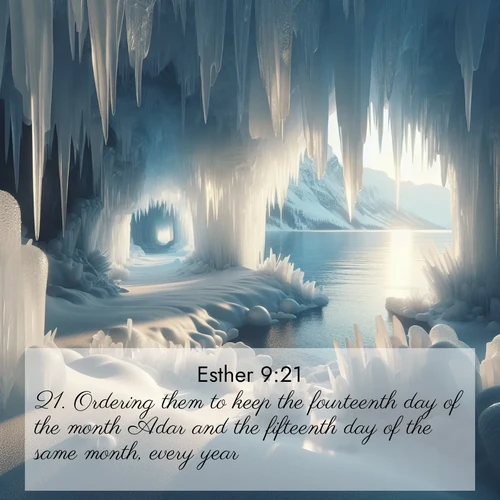 BasicEnglish Esther  ; image nature: image with the bible verse :Ordering them to keep the fourteenth day of the month Adar and the fifteenth day of the same month, every year, ; Discover Bible images capturing the splendor of deserts, with golden dunes, vast skies, and peaceful oases. These landscapes highlight the grandeur and serenity of God&#039;s creation. Share verses like KJV Esther 9:21. Current verse is overlayed with the thematic nature scene : Winter ice forms crystal caves along lake cliffs. ; 9:21