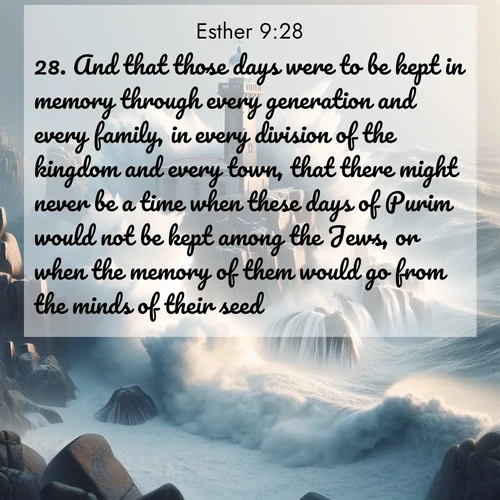 BasicEnglish Esther  ; image nature: image with the bible verse :And that those days were to be kept in memory through every generation and every family, in every division of the kingdom and every town, that there might never be a time when these days of Purim would not be kept among the Jews, or when the memory of them would go from the minds of their seed. ; Explore a winter collection of Bible verse images adorned with photos of icy landscapes, frozen waterfalls, and snow-covered forests. These scenes capture divine tranquility and purity. Download inspiring verses like KJV Esther 9:28. Current verse is overlayed with the thematic nature scene : Winter storms send massive waves crashing against lighthouse rocks. ; 9:28