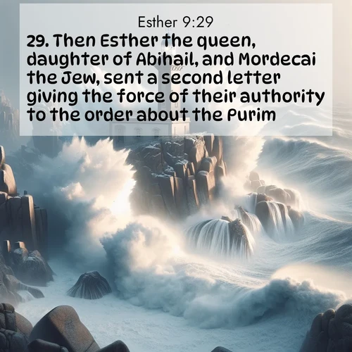 BasicEnglish Esther  ; image nature: image with the bible verse :Then Esther the queen, daughter of Abihail, and Mordecai the Jew, sent a second letter giving the force of their authority to the order about the Purim. ; Explore winter-themed Bible verse images illustrated by snowy mountains, frost-covered branches, and clear skies. These landscapes reflect divine purity and peace. Download verses like KJV Esther 9:29. Current verse is overlayed with the thematic nature scene : Winter storms send massive waves crashing against lighthouse rocks. ; 9:29