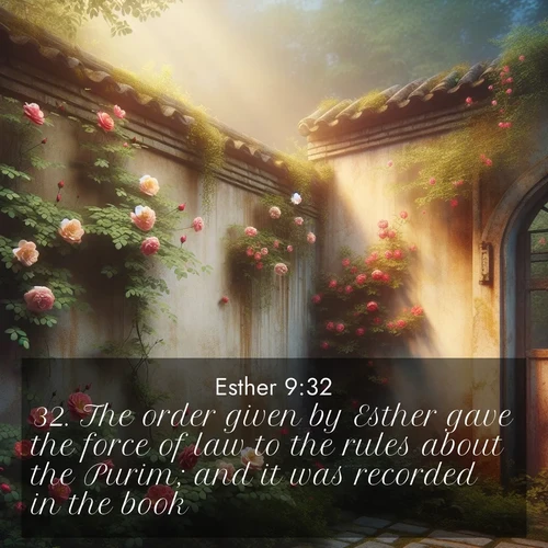 BasicEnglish Esther  ; image nature: image with the bible verse :The order given by Esther gave the force of law to the rules about the Purim; and it was recorded in the book. ; Admire Bible verse images featuring tranquil rivers, golden fields, and starry heavens. These free-to-download images make inspiring wallpapers or thoughtful gifts. Download KJV Esther 9:32 now. Current verse is overlayed with the thematic nature scene : Wild roses climb abandoned walls. Time stands still in secret gardens. ; 9:32