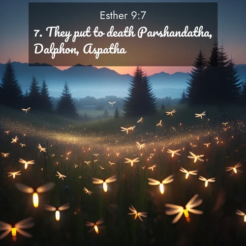 BasicEnglish Esther  ; image nature: image with the bible verse :They put to death Parshandatha, Dalphon, Aspatha, ; Discover tranquil Bible verse images enhanced with natural scenery like rippling brooks, snow-covered fields, and sunlit beaches. These free images are perfect for wallpapers or spiritual reflection. Share KJV Esther 9:7. Current verse is overlayed with the thematic nature scene : Lightning bugs rise from summer meadows at dusk. Their lights dance like earthbound stars. ; 9:7