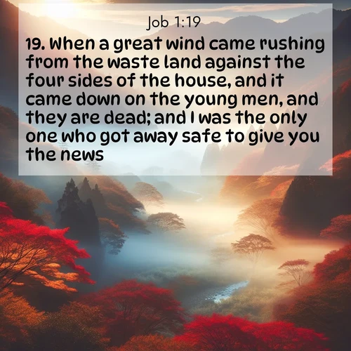 BBE Job 1:19 overlaying nature image scene: Autumn mist rises from a valley dotted with red and gold maples.;19. When a great wind came rushing from the waste land against the four sides of the house, and it came down on the young men, and they are dead; and I was the only one who got away safe to give you the news.