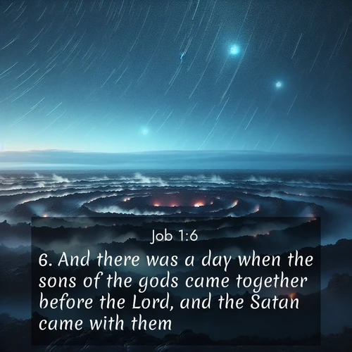 BasicEnglish Job  ; image nature: image with the bible verse :And there was a day when the sons of the gods came together before the Lord, and the Satan came with them. ; Discover tranquil Bible verse images enhanced with natural scenery like rippling brooks, snow-covered fields, and sunlit beaches. These free images are perfect for wallpapers or spiritual reflection. Share KJV Job 1:6. Current verse is overlayed with the thematic nature scene : Volcanic steam rises through a field of black lava. Stars wheel overhead in the thin air. ; 1:6