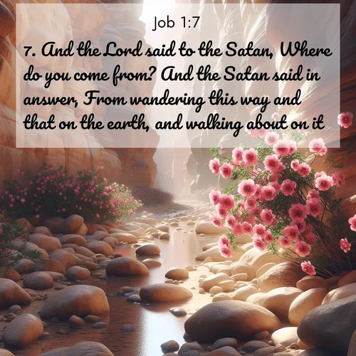BasicEnglish Job  ; image nature: image with the bible verse :And the Lord said to the Satan, Where do you come from? And the Satan said in answer, From wandering this way and that on the earth, and walking about on it. ; Dive into our collection of Bible verses paired with coastal scenes, featuring calming waves, infinite beaches, and reflections of the sun on the water. These images evoke the peace and beauty of God. Share verses like KJV Job 1:7. Current verse is overlayed with the thematic nature scene : Desert roses bloom in a hidden canyon after rare rainfall. Their pink petals contrast against weathered sandstone walls. ; 1:7