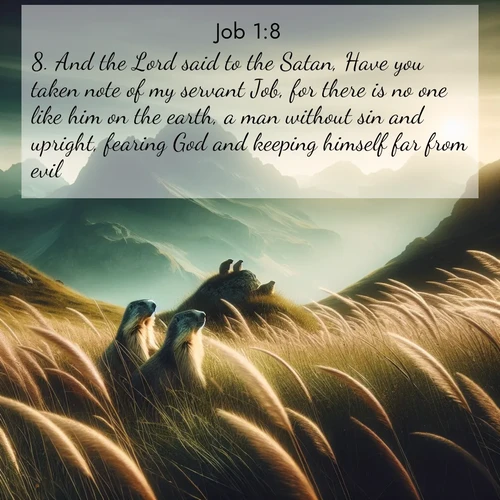 BBE Job 1:8 overlaying nature image scene: Mountain meadow grasses bend in wind. Marmots whistle from rocky outcrops.;8. And the Lord said to the Satan, Have you taken note of my servant Job, for there is no one like him on the earth, a man without sin and upright, fearing God and keeping himself far from evil?
