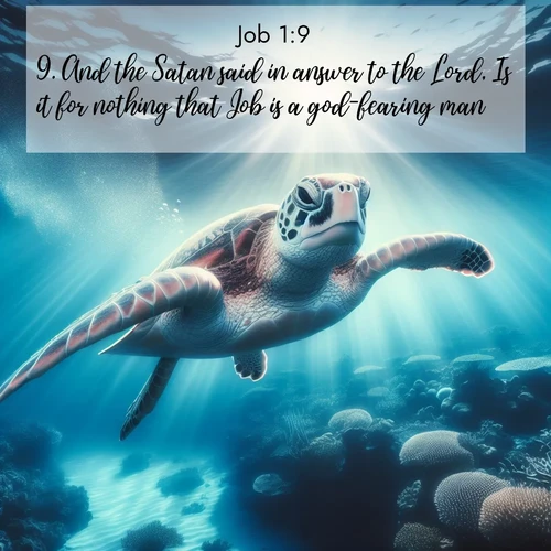 BBE Job 1:9 overlaying nature image scene: A sea turtle glides through underwater sunbeams. Coral gardens glow in the depths below.;9. And the Satan said in answer to the Lord, Is it for nothing that Job is a god-fearing man?