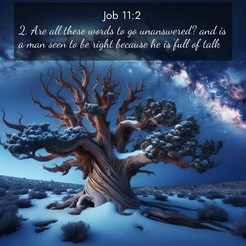 BasicEnglish Job  ; image nature: image with the bible verse :Are all these words to go unanswered? and is a man seen to be right because he is full of talk? ; Browse beautiful Bible verse images accompanied by peaceful scenes like calm seas, ancient forests, and radiant horizons. Download high-quality, free images featuring verses such as KJV Job 11:2. Current verse is overlayed with the thematic nature scene : Ancient bristlecone pine twists against a navy twilight sky, its gnarled branches laden with fresh snow. The Milky Way arcs overhead in crystalline clarity. ; 11:2