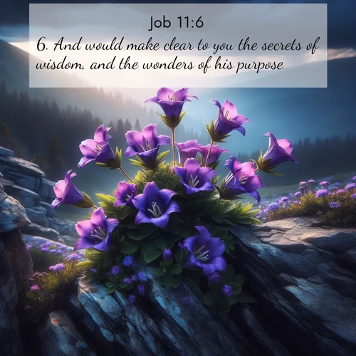 BasicEnglish Job  ; image nature: image with the bible verse :And would make clear to you the secrets of wisdom, and the wonders of his purpose! ; Explore free Bible verse images with stunning nature themes, including sunlit paths, forest clearings, and endless horizons. Perfect for desktop backgrounds or phone wallpapers. Verses include KJV Job 11:6. Current verse is overlayed with the thematic nature scene : Wild gentians bloom in rocky cracks. Summer storms gather above treeline. ; 11:6