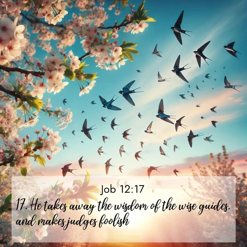 BasicEnglish Job  ; image nature: image with the bible verse :He takes away the wisdom of the wise guides, and makes judges foolish; ; Discover Bible images illustrated by desert landscapes, like sand dunes, majestic rocks, and starry skies. These images symbolize the grandeur and immensity of God&#039;s creation. Download verses like KJV Job 12:17. Current verse is overlayed with the thematic nature scene : Spring migration fills the sky with countless swallows. ; 12:17