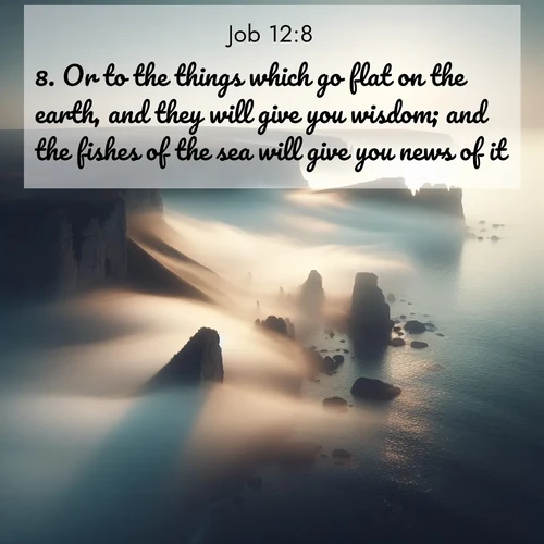 BBE Job 12:8 overlaying nature image scene: Coastal fog reveals and conceals seaside cliffs.;8. Or to the things which go flat on the earth, and they will give you wisdom; and the fishes of the sea will give you news of it.