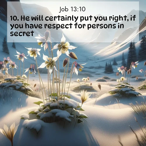 BasicEnglish Job  ; image nature: image with the bible verse :He will certainly put you right, if you have respect for persons in secret. ; Dive into a gallery of Bible verses illustrated by tropical beach scenes, featuring sparkling waves, seashells, and radiant sunrises. These images evoke divine peace and joy. Download and share inspiring verses like KJV Job 13:10. Current verse is overlayed with the thematic nature scene : Wild columbines nod in alpine breeze. Glacier lilies dot snowy meadows. ; 13:10