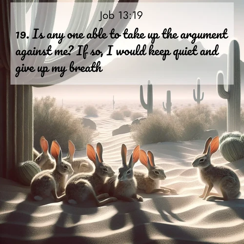 BasicEnglish Job  ; image nature: image with the bible verse :Is any one able to take up the argument against me? If so, I would keep quiet and give up my breath. ; Admire our free collection of Bible verse images with beautiful landscapes like sunlit forests, rippling waters, and radiant dawns. Each verse, such as KJV Job 13:19, is ready to download and share. Current verse is overlayed with the thematic nature scene : Desert jackrabbits rest in cactus shade. Heat waves distort distant peaks. ; 13:19