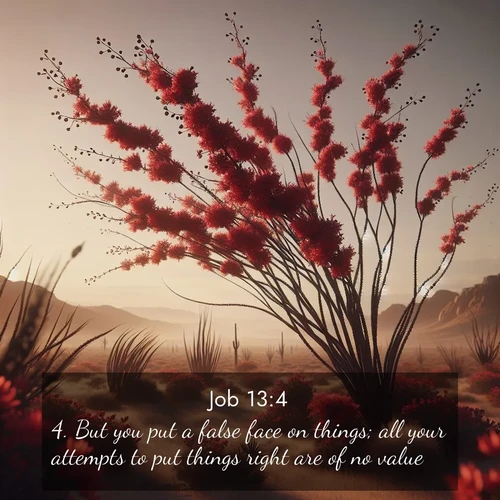 BasicEnglish Job  ; image nature: image with the bible verse :But you put a false face on things; all your attempts to put things right are of no value. ; Discover Bible images capturing the essence of autumn, with wooded paths, golden fields, and swirling leaves. These scenes reflect the changing beauty of God&#039;s creation. Download verses like KJV Job 13:4. Current verse is overlayed with the thematic nature scene : Desert ocotillo flames crimson red. Wind sings through thorny branches. ; 13:4