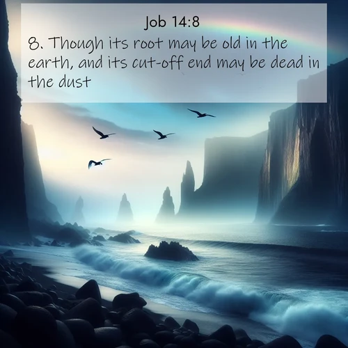 BasicEnglish Job  ; image nature: image with the bible verse :Though its root may be old in the earth, and its cut-off end may be dead in the dust; ; Discover our unique collection of Bible verse images integrated with photos showcasing the majesty of nature, such as rocky mountains, ancient trees, and crystal-clear lakes. These images feature luminous colors and text in varied fonts, reflecting the harmony of God&#039;s creation. Download verses like KJV Job 14:8. Current verse is overlayed with the thematic nature scene : Ocean waves crash against volcanic cliffs as seabirds wheel overhead, creating momentary rainbows. ; 14:8