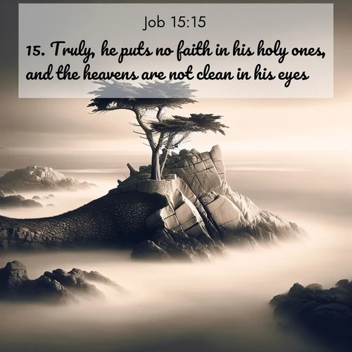 BasicEnglish Job  ; image nature: image with the bible verse :Truly, he puts no faith in his holy ones, and the heavens are not clean in his eyes; ; Admire Bible verse images featuring tranquil rivers, golden fields, and starry heavens. These free-to-download images make inspiring wallpapers or thoughtful gifts. Download KJV Job 15:15 now. Current verse is overlayed with the thematic nature scene : A lone cypress stands sentinel on a wave-carved point. Pacific storms have shaped its every branch. ; 15:15