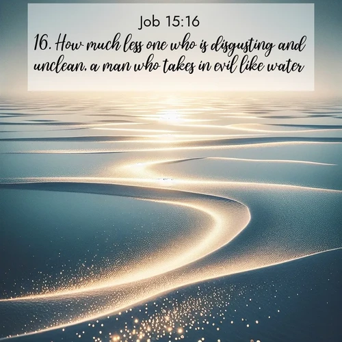 BasicEnglish Job  ; image nature: image with the bible verse :How much less one who is disgusting and unclean, a man who takes in evil like water! ; Explore Bible verses paired with beach photos, where waves gently crash on the sand and the sky glows with pastel hues at sunset. These scenes convey deep serenity. Download verses like KJV Job 15:16. Current verse is overlayed with the thematic nature scene : Summer heat waves ripple above salt flats stretching to the horizon. ; 15:16
