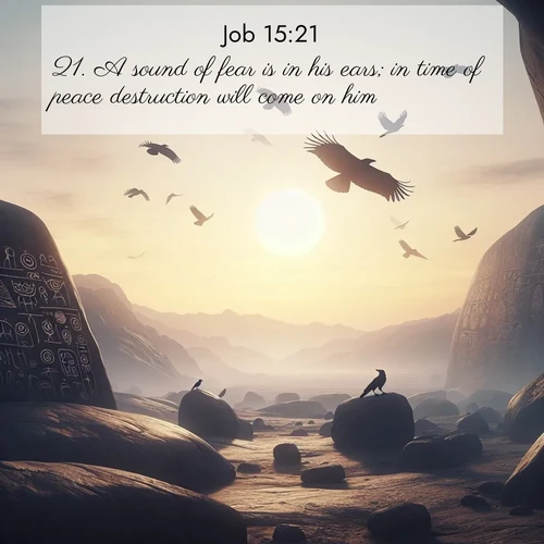 BasicEnglish Job  ; image nature: image with the bible verse :A sound of fear is in his ears; in time of peace destruction will come on him: ; Admire Bible images representing autumn, with swirling leaves, misty skies, and vibrant trees. These images inspire profound spiritual reflection. Download and share verses like KJV Job 15:21. Current verse is overlayed with the thematic nature scene : Desert petroglyphs tell ancient stories. Ravens soar past wearing shadows for wings. ; 15:21