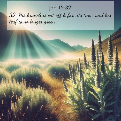 BasicEnglish Job  ; image nature: image with the bible verse :His branch is cut off before its time, and his leaf is no longer green. ; Discover Bible images illustrated by desert landscapes, like sand dunes, majestic rocks, and starry skies. These images symbolize the grandeur and immensity of God&#039;s creation. Download verses like KJV Job 15:32. Current verse is overlayed with the thematic nature scene : Summer heat brings out the scent of sage in mountain meadows. ; 15:32