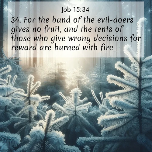 BasicEnglish Job  ; image nature: image with the bible verse :For the band of the evil-doers gives no fruit, and the tents of those who give wrong decisions for reward are burned with fire. ; Browse Bible images illustrated by desert landscapes, with endless skies, golden dunes, and isolated palm trees. These images evoke the calm and grandeur of God&#039;s creation. Download inspiring verses like KJV Job 15:34. Current verse is overlayed with the thematic nature scene : Morning frost rimes every pine needle. Weak winter sun struggles to pierce the forest. ; 15:34