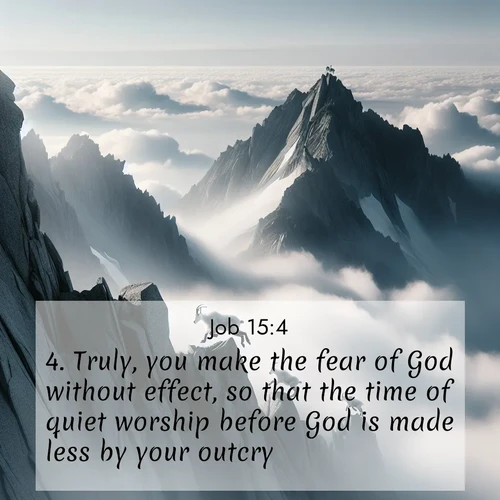 BasicEnglish Job  ; image nature: image with the bible verse :Truly, you make the fear of God without effect, so that the time of quiet worship before God is made less by your outcry. ; Explore free Bible verse images with stunning nature themes, including sunlit paths, forest clearings, and endless horizons. Perfect for desktop backgrounds or phone wallpapers. Verses include KJV Job 15:4. Current verse is overlayed with the thematic nature scene : Mountain goats navigate impossible peaks. Clouds swirl beneath their sure feet. ; 15:4