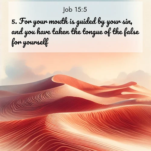 BasicEnglish Job  ; image nature: image with the bible verse :For your mouth is guided by your sin, and you have taken the tongue of the false for yourself. ; Discover Bible images capturing the essence of autumn, with wooded paths, golden fields, and swirling leaves. These scenes reflect the changing beauty of God&#039;s creation. Download verses like KJV Job 15:5. Current verse is overlayed with the thematic nature scene : Desert wind sculpts perfect ripples in red sand. Twilight paints the dunes in watercolor hues. ; 15:5