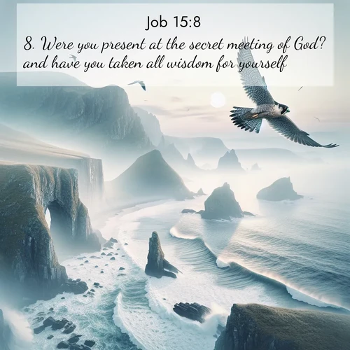 BasicEnglish Job  ; image nature: image with the bible verse :Were you present at the secret meeting of God? and have you taken all wisdom for yourself? ; Download high-resolution Bible verse images showcasing the beauty of God&#039;s creation—from radiant sunsets to tranquil rivers. Free for use as wallpapers or sharing verses like KJV Job 15:8. Current verse is overlayed with the thematic nature scene : A peregrine falcon rides thermal currents above coastal cliffs. Waves crash endlessly against the rocks below. ; 15:8