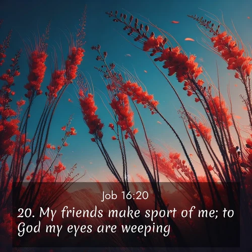 BasicEnglish Job  ; image nature: image with the bible verse :My friends make sport of me; to God my eyes are weeping, ; Explore a winter collection of Bible verse images adorned with photos of icy landscapes, frozen waterfalls, and snow-covered forests. These scenes capture divine tranquility and purity. Download inspiring verses like KJV Job 16:20. Current verse is overlayed with the thematic nature scene : Desert ocotillo flames against blue sky. Wind sings through its scarlet blooms. ; 16:20