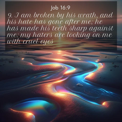 BasicEnglish Job  ; image nature: image with the bible verse :I am broken by his wrath, and his hate has gone after me; he has made his teeth sharp against me: my haters are looking on me with cruel eyes; ; Explore a spring collection of Bible images, with landscapes of green hills, wildflowers, and crystal-clear streams. These images symbolize the blossoming of God&#039;s creation. Download verses like KJV Job 16:9. Current verse is overlayed with the thematic nature scene : Tidal pools reflect sunset colors at low tide. ; 16:9