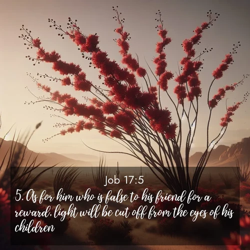 BasicEnglish Job  ; image nature: image with the bible verse :As for him who is false to his friend for a reward, light will be cut off from the eyes of his children. ; Explore free Bible verse images with stunning nature themes, including sunlit paths, forest clearings, and endless horizons. Perfect for desktop backgrounds or phone wallpapers. Verses include KJV Job 17:5. Current verse is overlayed with the thematic nature scene : Desert ocotillo flames crimson red. Wind sings through thorny branches. ; 17:5
