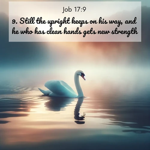 BasicEnglish Job  ; image nature: image with the bible verse :Still the upright keeps on his way, and he who has clean hands gets new strength. ; Admire Bible verse images illustrated by desert scenes, such as sunsets over dunes, majestic rocks, and solitary cacti. These images capture the majesty of God in arid places. Download and share verses like KJV Job 17:9. Current verse is overlayed with the thematic nature scene : A single swan glides across a misty lake. Dawn paints the water in pastels. ; 17:9