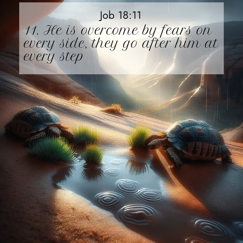 BasicEnglish Job  ; image nature: image with the bible verse :He is overcome by fears on every side, they go after him at every step. ; Browse a large collection of Bible verse images with photos showcasing the splendor of nature. Scenes of peaceful rivers, verdant valleys, and radiant skies enhance the inspiring verses. Each image reflects the serenity and joy of God&#039;s creation, with elegant text fonts. Download and share verses such as KJV Job 18:11. Current verse is overlayed with the thematic nature scene : Desert tortoises emerge after summer rains. Thunder echoes through hidden canyons. ; 18:11