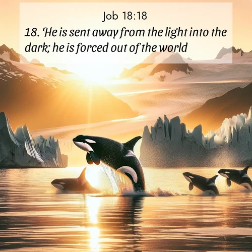 BasicEnglish Job  ; image nature: image with the bible verse :He is sent away from the light into the dark; he is forced out of the world. ; Browse our collection of vibrant Bible verse images set against calming backdrops like tropical shores, quiet woods, and majestic mountains. Download free wallpapers featuring KJV Job 18:18. Current verse is overlayed with the thematic nature scene : Wild orcas breach in sunset-painted waters. Their splashes echo off glacier walls. ; 18:18