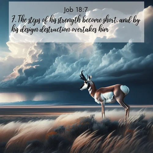 BasicEnglish Job  ; image nature: image with the bible verse :The steps of his strength become short, and by his design destruction overtakes him. ; Discover beautiful Bible verse images that combine inspiring scripture with captivating nature photos. Download high-quality images featuring lush valleys, peaceful streams, and endless horizons like KJV Job 18:7. Current verse is overlayed with the thematic nature scene : A pronghorn pauses on wind-swept plains. Storm clouds build dark towers above. ; 18:7