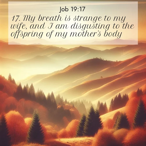 BasicEnglish Job  ; image nature: image with the bible verse :My breath is strange to my wife, and I am disgusting to the offspring of my mother&#039;s body. ; Explore Bible verse images highlighting the beauty of spring, with vibrant flowers, butterflies, and blossoming fruit trees. These scenes evoke divine hope and renewal. Download inspiring verses like KJV Job 19:17. Current verse is overlayed with the thematic nature scene : Autumn colors paint hillsides in warm earth tones. ; 19:17