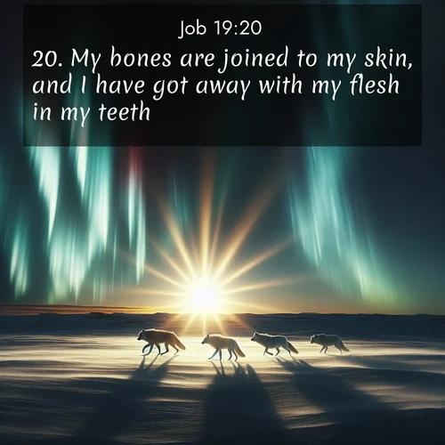 BasicEnglish Job  ; image nature: image with the bible verse :My bones are joined to my skin, and I have got away with my flesh in my teeth. ; Explore Bible verses paired with beach photos, where waves gently crash on the sand and the sky glows with pastel hues at sunset. These scenes convey deep serenity. Download verses like KJV Job 19:20. Current verse is overlayed with the thematic nature scene : Arctic wolves traverse windswept tundra. Northern lights paint their fur in shifting colors. ; 19:20