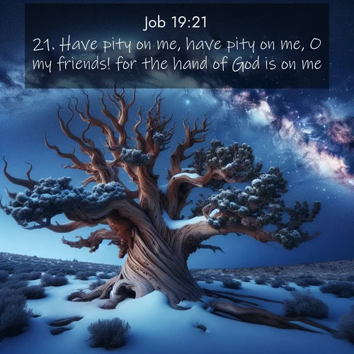 BasicEnglish Job  ; image nature: image with the bible verse :Have pity on me, have pity on me, O my friends! for the hand of God is on me. ; Explore a gallery of beautiful Bible verse images with tranquil natural settings—perfect for phone backgrounds or inspirational posts. Download your favorite verses like KJV Job 19:21 today. Current verse is overlayed with the thematic nature scene : Ancient bristlecone pine twists against a navy twilight sky, its gnarled branches laden with fresh snow. The Milky Way arcs overhead in crystalline clarity. ; 19:21