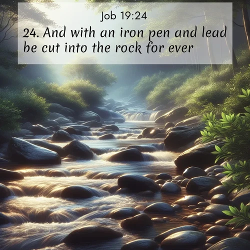 BasicEnglish Job  ; image nature: image with the bible verse :And with an iron pen and lead be cut into the rock for ever! ; Browse our collection of Bible verses paired with captivating photos of God’s creation, like crystal-clear lakes, majestic cliffs, and colorful skies. All images are free for download and sharing. Verse examples include KJV Job 19:24. Current verse is overlayed with the thematic nature scene : A mountain stream tumbles over smooth rocks between banks of mountain laurel. ; 19:24