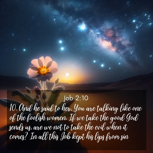 BBE Job 2:10 overlaying nature image scene: Desert primrose opens to stars. Night wind carries sweet perfume.;10. And he said to her, You are talking like one of the foolish women. If we take the good God sends us, are we not to take the evil when it comes? In all this Job kept his lips from sin.