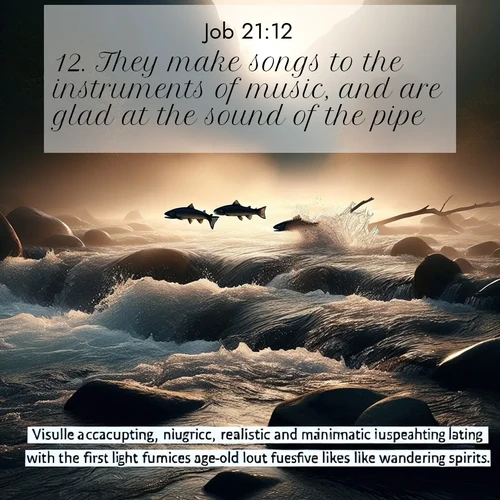 BBE Job 21:12 overlaying nature image scene: Wild salmon leap ancient rapids. Mist rises like spirits at dawn.;12. They make songs to the instruments of music, and are glad at the sound of the pipe.