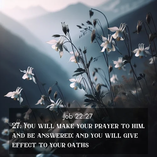 BasicEnglish Job  ; image nature: image with the bible verse :You will make your prayer to him, and be answered; and you will give effect to your oaths. ; Dive into our collection of Bible verses paired with coastal scenes, featuring calming waves, infinite beaches, and reflections of the sun on the water. These images evoke the peace and beauty of God. Share verses like KJV Job 22:27. Current verse is overlayed with the thematic nature scene : Wild columbines dance in breeze. Mountain air carries their perfume. ; 22:27