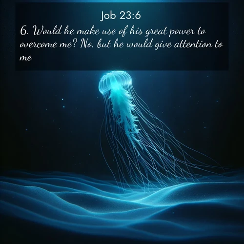 BasicEnglish Job  ; image nature: image with the bible verse :Would he make use of his great power to overcome me? No, but he would give attention to me. ; Explore Bible verse images beautifully illustrated with spring scenes, such as blooming meadows, trees in full bloom, and tranquil streams. These landscapes convey divine hope and vitality. Download and share verses like KJV Job 23:6. Current verse is overlayed with the thematic nature scene : A lone jellyfish pulses through midnight waters. Its bioluminescent tendrils paint trails of azure light in the depths. ; 23:6