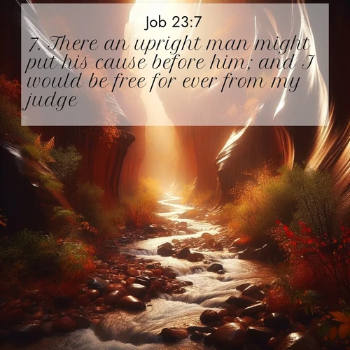BasicEnglish Job  ; image nature: image with the bible verse :There an upright man might put his cause before him; and I would be free for ever from my judge. ; Explore winter-themed Bible verse images illustrated by snowy mountains, frost-covered branches, and clear skies. These landscapes reflect divine purity and peace. Download verses like KJV Job 23:7. Current verse is overlayed with the thematic nature scene : Autumn rain creates temporary streams in slot canyons. ; 23:7